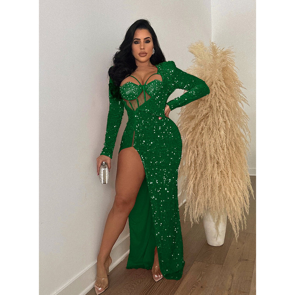 Fashion Lady Pure Color Sequins Split Maxi Dress