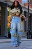 Floral Print Crop Blouse Pocket Washed Denim Pants