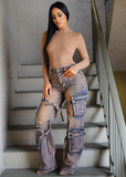 High Waisted Straight Wide Leg Cargo Jeans Copper Acid Wash