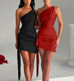 Love Triangle one shoulder asymmetric satin mini dress in cherry red