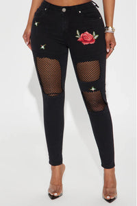 Rosa Ripped Embroidered Skinny Jeans - Black