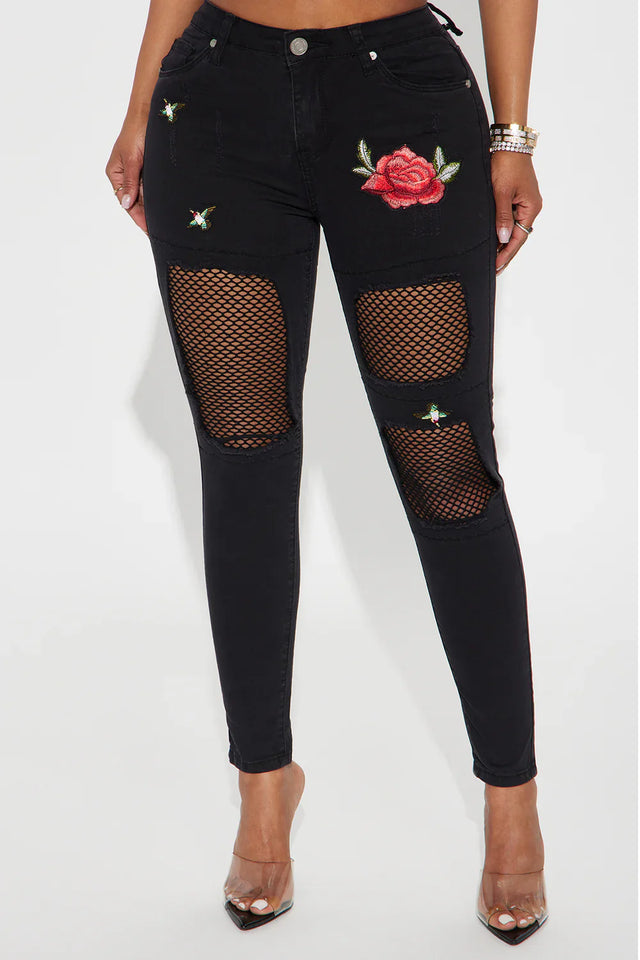 Rosa Ripped Embroidered Skinny Jeans - Black