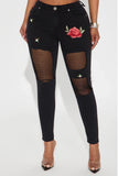 Rosa Ripped Embroidered Skinny Jeans - Black
