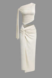 Solid Asymmetrical Top And Twist Slit Skirt Set