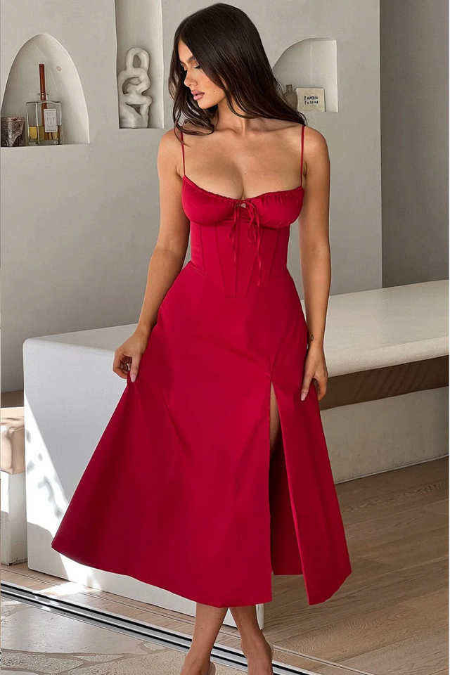Ruched bust split thigh cami dress