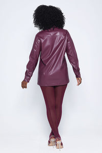 BUTTON UP FAUX LEATHER SHIRT-PLUM