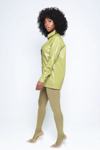 BUTTON UP FAUX LEATHER SHIRT-GREEN