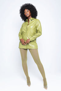 BUTTON UP FAUX LEATHER SHIRT-GREEN
