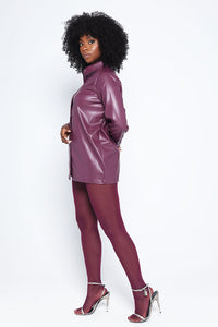 BUTTON UP FAUX LEATHER SHIRT-PLUM