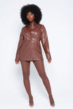 BUTTON UP FAUX LEATHER SHIRT-CHOCOLATE