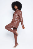 BUTTON UP FAUX LEATHER SHIRT-CHOCOLATE